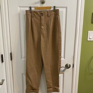 Zara Faux Leather Pants Womens Medium High Rise Pleated Tapered Trousers Tan